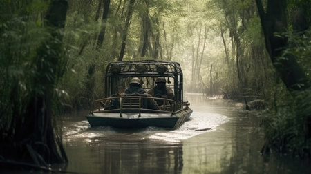 Illustration of a boat traveling through an inland lake and river area, river and lakeの素材