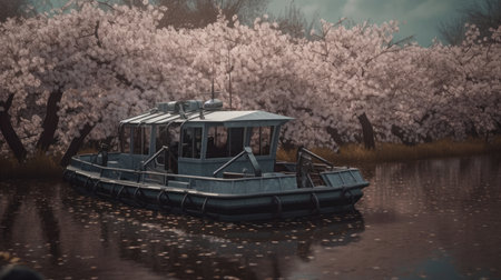 Illustration of a boat traveling through an inland lake and river area, river and lakeの素材