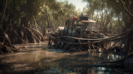 Illustration of a boat traveling through an inland lake and river area, river and lakeの素材