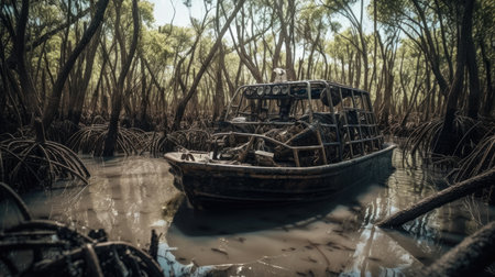 Illustration of a boat traveling through an inland lake and river area, river and lakeの素材