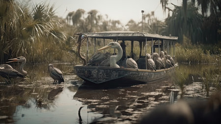 Illustration of a boat traveling through an inland lake and river area, river and lakeの素材