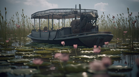 Illustration of a boat traveling through an inland lake and river area, river and lakeの素材