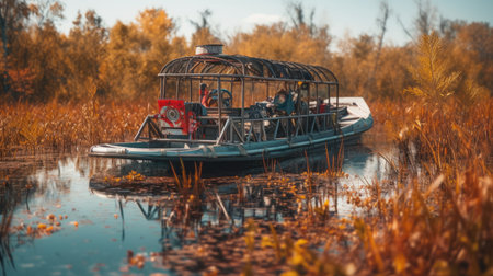 Illustration of a boat traveling through an inland lake and river area, river and lakeの素材