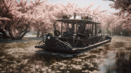 Illustration of a boat traveling through an inland lake and river area, river and lakeの素材