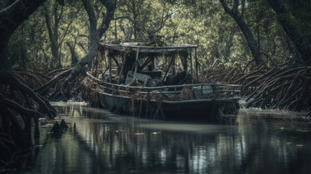 Illustration of a boat traveling through an inland lake and river area, river and lakeの素材