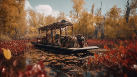 Illustration of a boat traveling through an inland lake and river area, river and lakeの素材