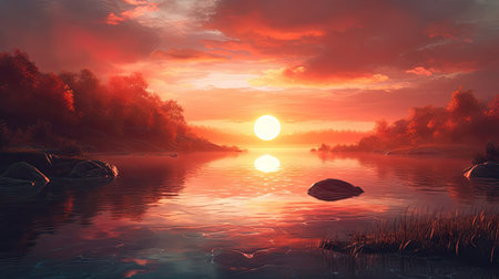 Illustration of morning sunlight with a beautiful view, 3d realisticの素材