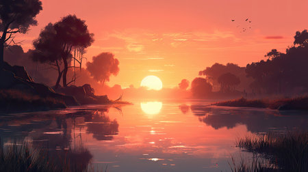 Illustration of morning sunlight with a beautiful view, 3d realisticの素材