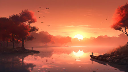 Illustration of morning sunlight with a beautiful view, 3d realisticの素材