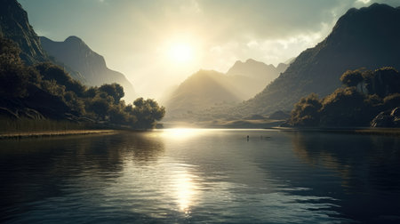 Illustration of morning sunlight with a beautiful view, 3d realisticの素材