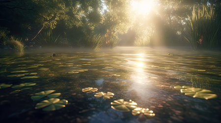 Illustration of morning sunlight with a beautiful view, 3d realisticの素材