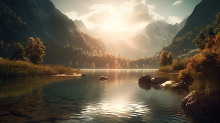Illustration of morning sunlight with a beautiful view, 3d realisticの素材