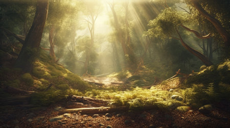 Illustration of morning sunlight with a beautiful view, 3d realisticの素材