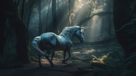 Illustration of a unicorn horse in a beautiful garden, 3d realisticの素材