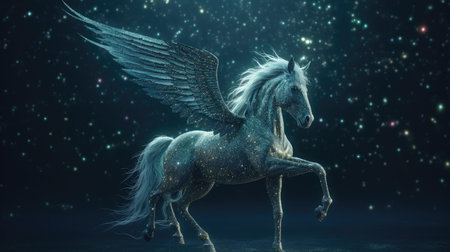 Illustration of a unicorn horse in a beautiful garden, 3d realisticの素材