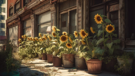 Illustration of sunflower plants in gardens and parks, 3d realisticの素材