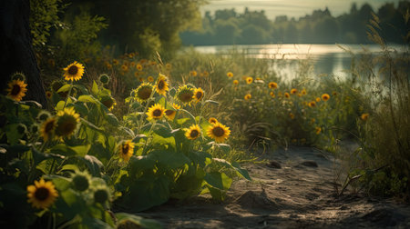 Illustration of sunflower plants in gardens and parks, 3d realisticの素材