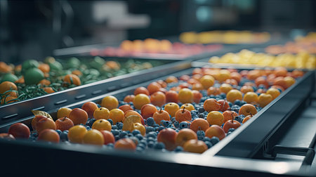 fruits and vegetables in a conveyor belt in a modern factoryの素材