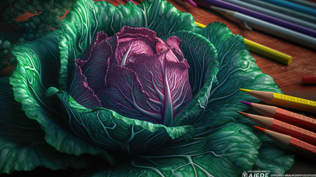 Cabbage with color pencils on wooden background. 3d illustrationの素材