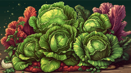 Vegetables background. Cabbage with leaves. Vector illustration.の素材