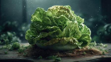 Lettuce in the rain on a wooden table with water dropsの素材