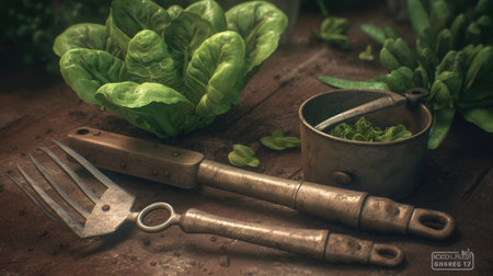 Gardening tools and herbs on wooden background. Selective focus. nature.の素材