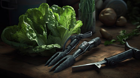 Gardening tools on a wooden table with vegetables and herbs.の素材