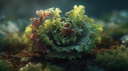 Close up of fresh green lettuce salad growing on soil. Selective focus.の素材