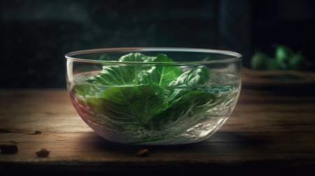 Fresh salad leaves in glass bowl on wooden table, selective focus.の素材