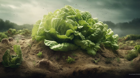 Lettuce in the field. Green salad growing in soil.の素材