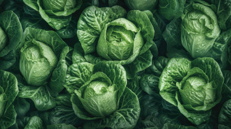 Cabbage background. Fresh green cabbage leaves. Top view, flat layの素材