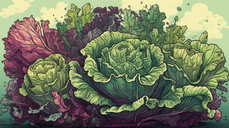 Illustration of Cabbage with green leaves and blue sky background.の素材