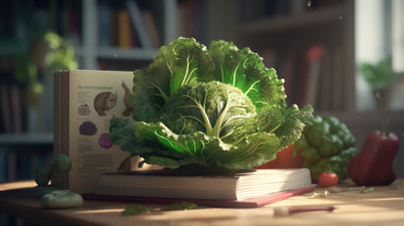 Cabbage and book on a wooden table in the living room.の素材