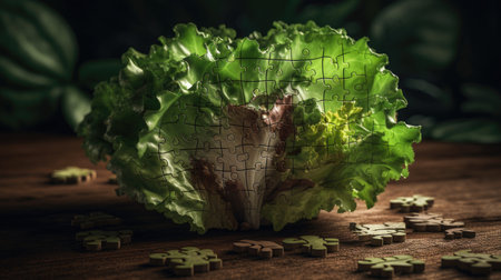 Green salad with jigsaw puzzle on wooden background. 3d renderingの素材