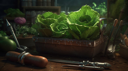 Cabbage in a pot on a wooden table with gardening tools.の素材