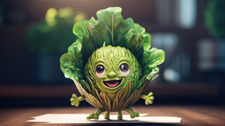 Funny green cabbage character with smiling face on a sheet of paperの素材
