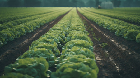 Cultivated field of green lettuce growing in rows in the morningの素材