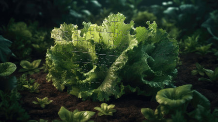 Green lettuce with puzzle pieces, conceptual image of healthy food and nutritionの素材