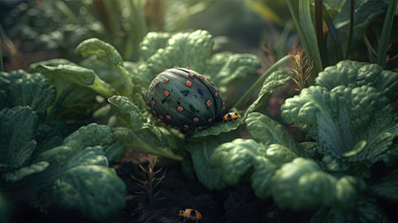 Cabbage in the garden with ladybug. Selective focus.の素材