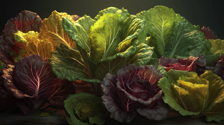 3d rendering of a group of decorative cabbage on a dark backgroundの素材