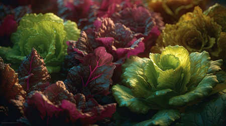 Close up of fresh red and green decorative cabbage, selective focus.の素材