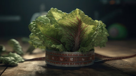 Lettuce with measuring tape on wooden table. Diet concept.の素材