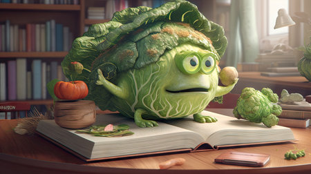 Cute green cabbage on the book in the library. 3d renderingの素材