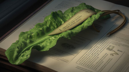 Leaf of a lettuce with a wooden spoon on an old bookの素材