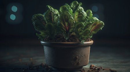 A small plant in a pot on a dark background. Selective focus.の素材