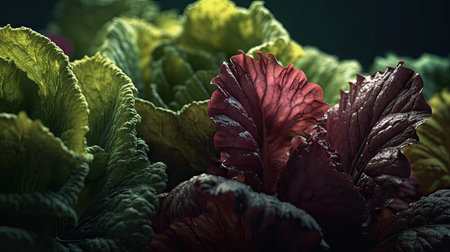 Close up of red and green lettuce leaves, selective focus, tonedの素材