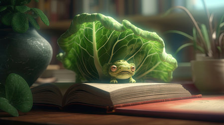 Green frog on a book with a green cabbage in the background.の素材