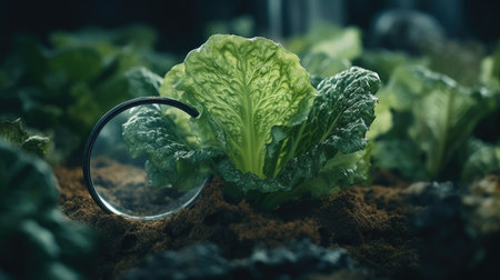Close-up of fresh green lettuce in soil with magnifying glassの素材