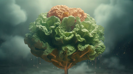 Cabbage in the form of a tree in the rain. 3d illustrationの素材