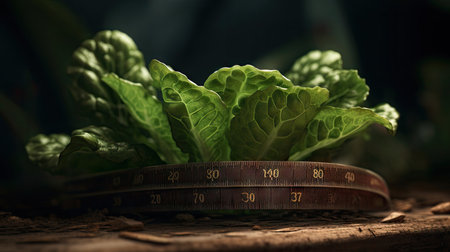 Lettuce with meter on rustic wooden background, closeupの素材
